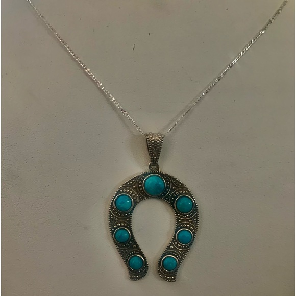 Lg Blue Ridge Turquoise Horseshoe Pendant in Sterling Silver on 24" Necklace NWT - Picture 5 of 12